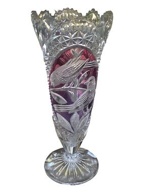Hofbauer Byrdes Collection The Ruby Vase Frost Cut Crystal Birds Germany 10.25”